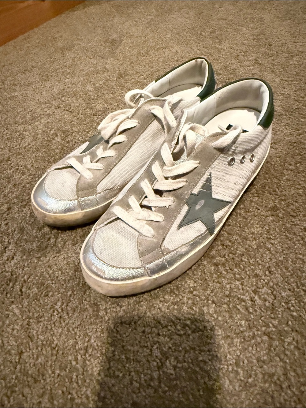 Golden Goose White Canvas Sneakers with Green Star and Metallic Accents